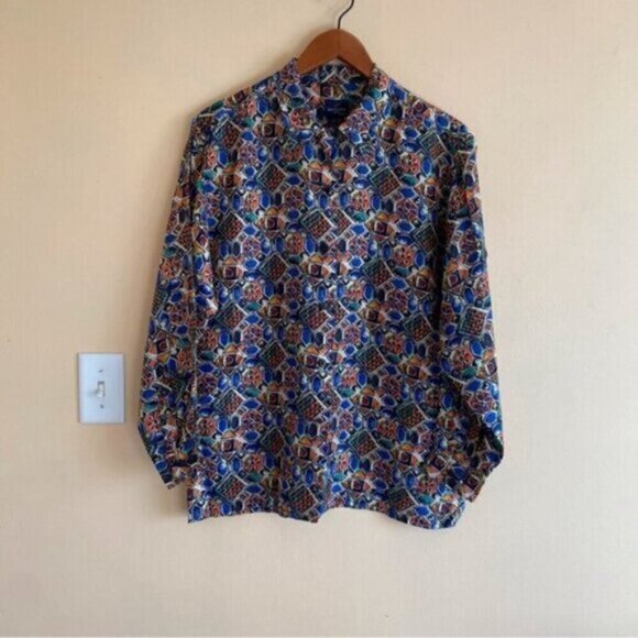 Daniel Hechter 100% Silk Geometric Print Blouse Woman Medium Dopamine Old Money - Picture 15 of 15
